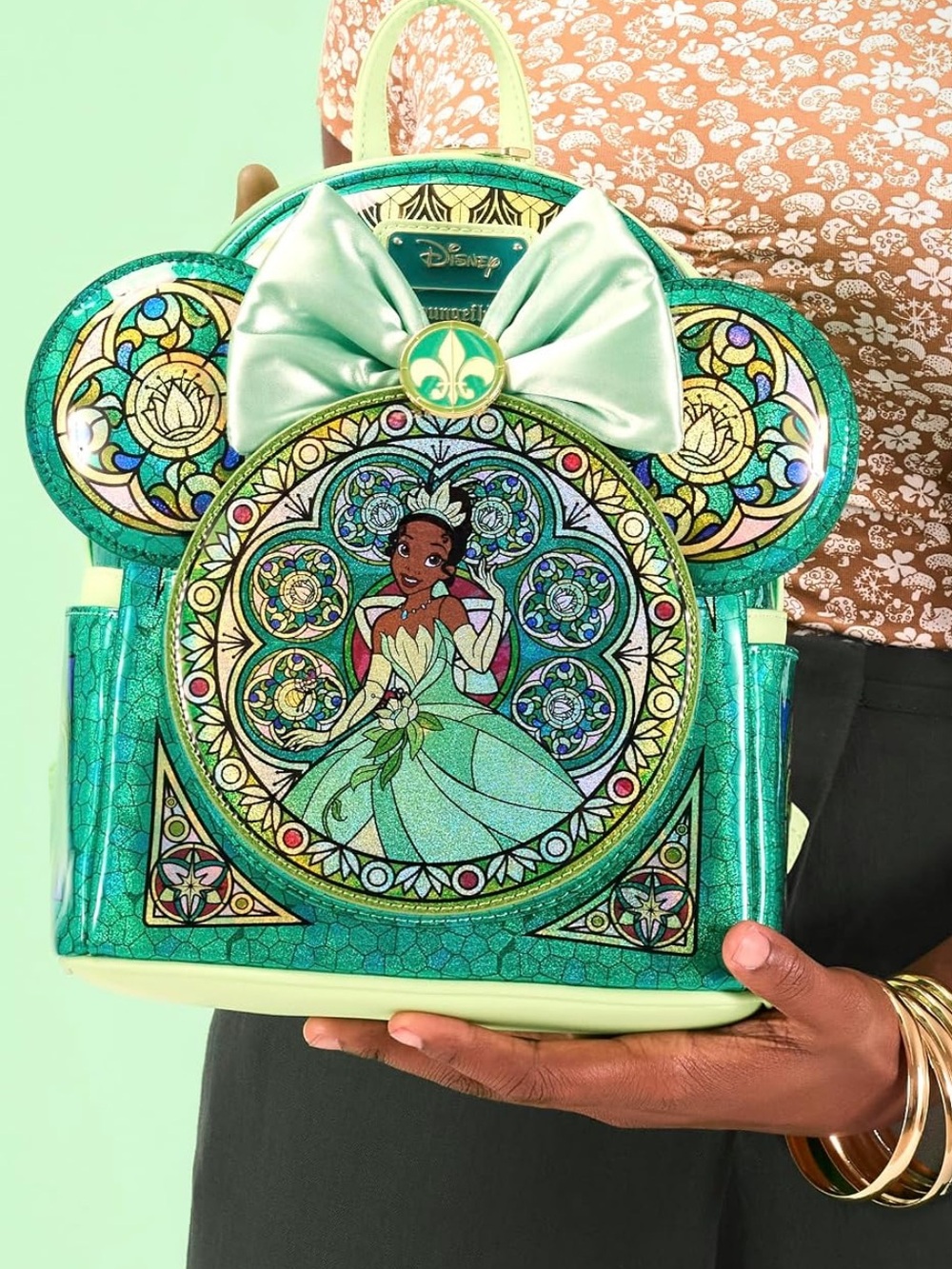 Loungefly Green Tiana Stained Glass Mini Backpack with Bow Ear Accessory *NWT - Picture 3 of 16